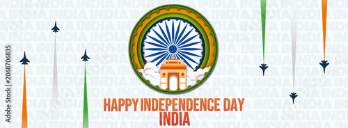 Bild auf Leinwand India Independence Day design featuring Ashoka Chakra, India Gate, fighter jets with tricolor smoke trails, and bold typography in a patriotic layout for posters, banners, greetings, and social media