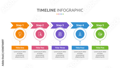 Timeline infographic presentation template with 5 steps or options. Five phase process infographic. Timeline with 5 arrow steps, five number options. Vector.