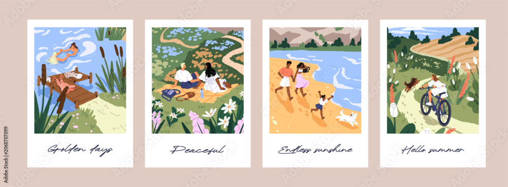 Fototapeta premium Set of postcards designs with summer vacation. Cards with frames and people having a picnic, swimming, walking outdoors on holidays. Templates with nature landscapes. Flat vector illustrations