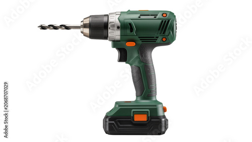 Canvas Print Green cordless power drill with metal drill bit