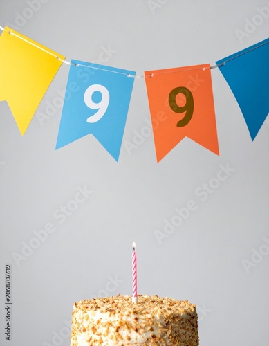 Festive Flag Garland and Cake with Number 99 for Birthday and Anniversary Party