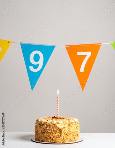 Festive Flag Garland and Cake with Number 97 for Birthday and Anniversary Party