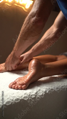 Male therapist massaging a female client's foot and ankle on a massage table in a spa salon