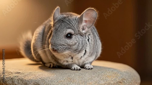A cute, fluffy chinchilla sits on a textured surface.