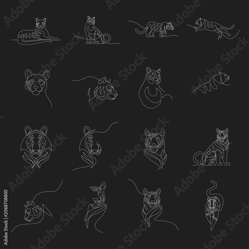 Minimalist Tiger Line Art Vector Icons Set. Continuous Stroke Illustrations of Big Cats in Various Poses, Isolated on Black.