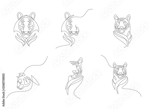 Continuous Line Art Tiger Head Collection. Minimalist Wild Animal Outline Illustrations for Modern Graphic Design.