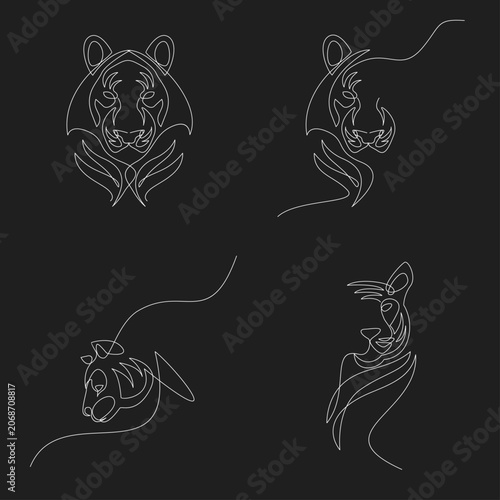 Minimalist Tiger Line Art Set: Four Elegant White Contour Drawings of Tiger Heads on Black Background