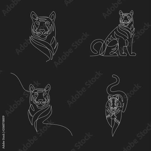 Set of minimalist continuous line art tiger illustrations on black background. 