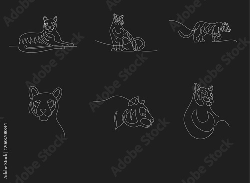 Minimalist Continuous Line Art of Tigers in Various Poses on Black Background, Modern Big Cat Line Drawings Collection