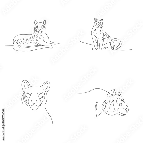Continuous Line Art Drawing of Four Tigers in Various Poses, Minimalist Big Cat Outline Illustration Set