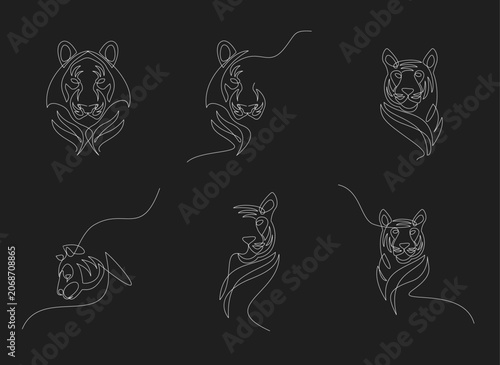 Continuous Line Art Tiger Illustrations Set. Minimalist Vector Designs of Big Cats, Perfect for Logos, Tattoos, and Graphic Elements on a Black Background.