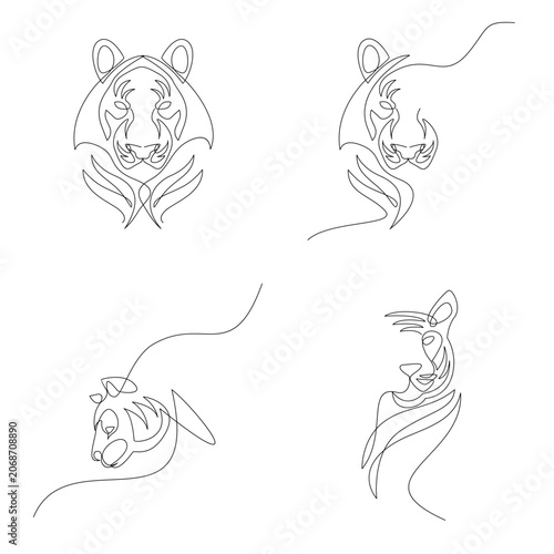 Continuous Line Art Tiger Illustrations Set. Minimalist Hand Drawn Wild Cat Designs for Logos and Graphics.