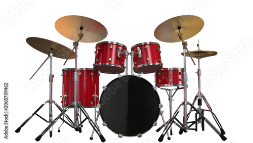 Red drum kit with cymbals and stands