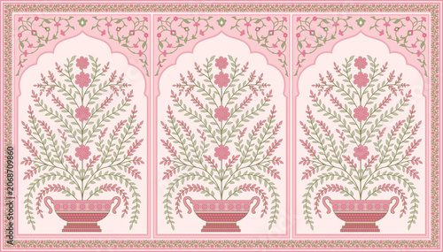 Obraz na plátně Traditional Mughal floral panel pattern with potted flower motifs for textile design