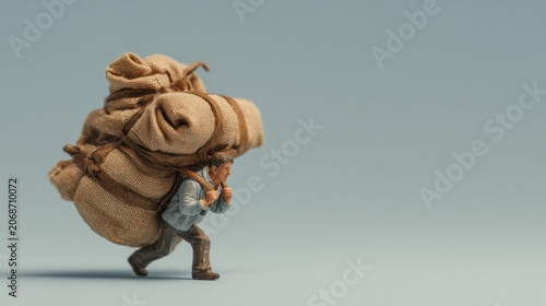 A person struggles to carry a large sack over their shoulder, depicting a heavy burden and arduous effort