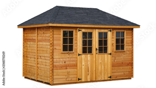 Obraz na płótnie Wooden garden shed with double doors and windows