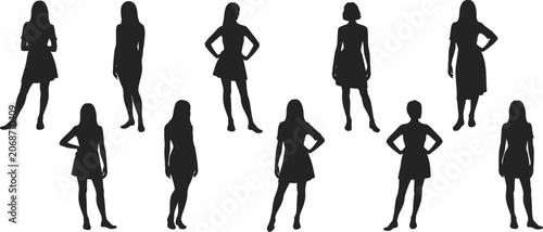 Photos Set of Ten Female Silhouettes in Dresses with Varied Poses and Hand Gestures Key