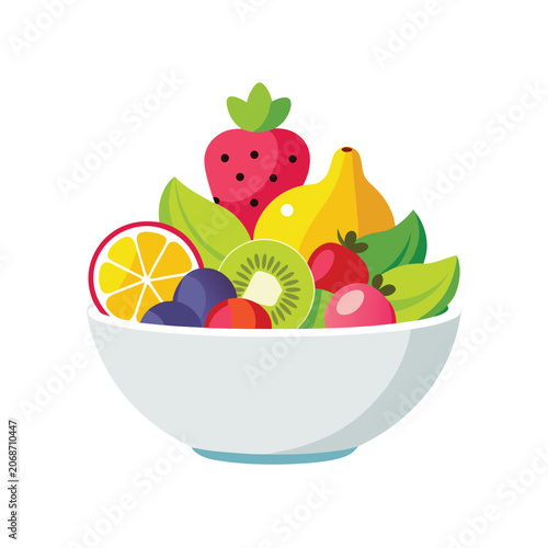 Colorful Fruit Salad in White Bowl Flat Style Illustration Red Strawberry Yellow Banana Kiwi Orange Grapes