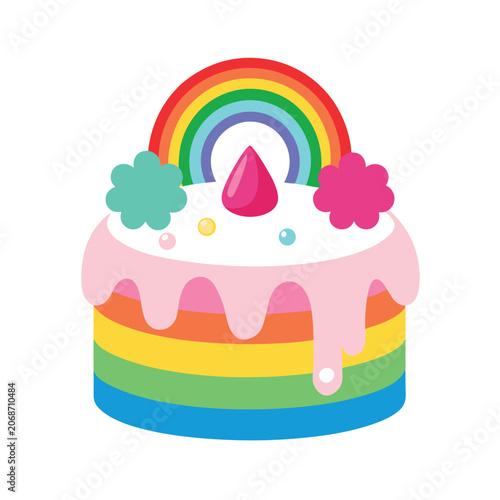 Rainbow Layered Cake Whimsical Design Pink Frosting Teal Pink Flowers Rainbow Topping
