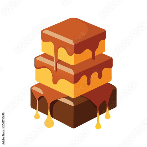 Stacked Brown and Yellow Caramel Squares Dripping Sweet Glaze Delicious Dessert Cubes