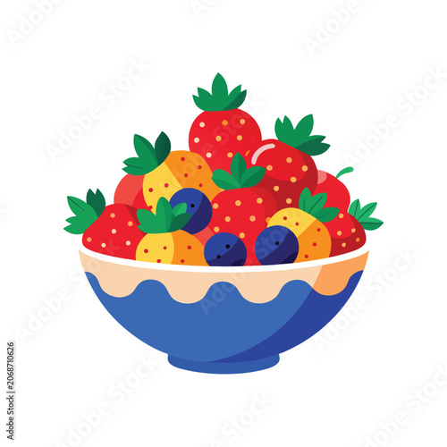 Vibrant Abstract Fruit Bowl Red Strawberries Yellow Pineapple Blueberries Cherries Blue Bowl
