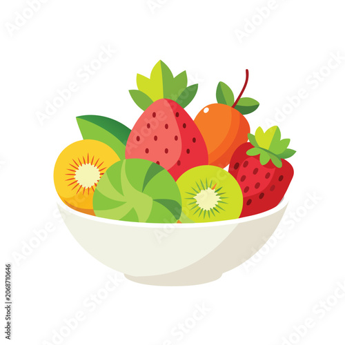 Whimsical Bowl of Red Strawberries Orange Mandarin Kiwi and Watermelon Slices vector