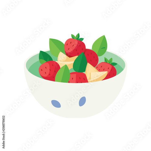 White Bowl of Strawberries Banana Slices and Green Leaves Minimalist Flat Style Illustration