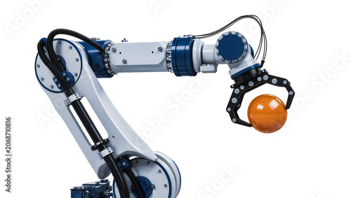 Fotografie Industrial robotic arm holding orange sphere with gripper