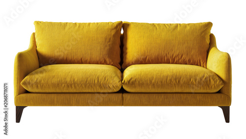 Foto Yellow corduroy sofa with two seat cushions and two back pillows