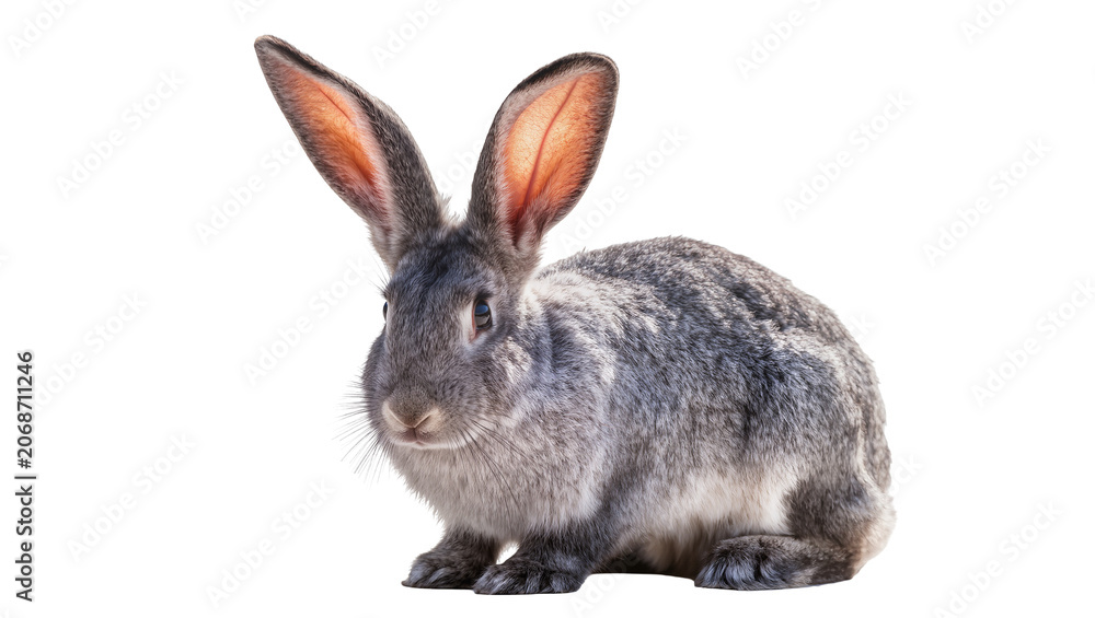 Obraz premium Gray rabbit with long ears sitting on white