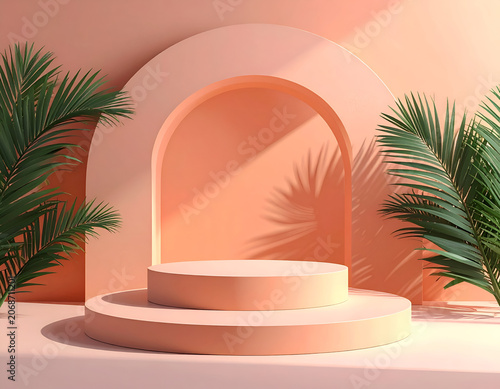 Minimalist Peach Pedestal with Palm Leaves and Arch Backdrop.
