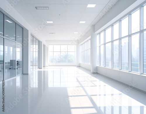 Bright Modern Office Hallway with Large Windows and Natural Light.