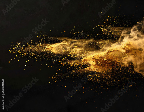 Explosion of Golden Glitter Particles on Black Background.