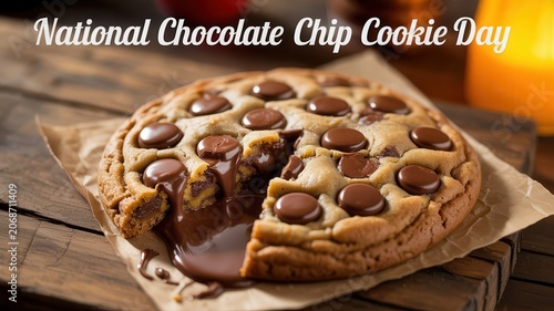 Warm Chocolate Chip Cookie with Melted Chocolate on Rustic Wood for National Chocolate Chip Cookie Day