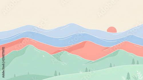 Serene and minimalist layered mountain landscape with soft pastel colors, mint green hills and pink sun