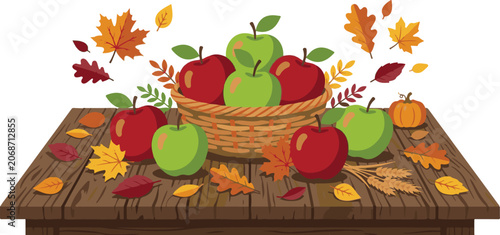 Premium flat vector illustration of fresh red and green apples placed on a rustic wooden table