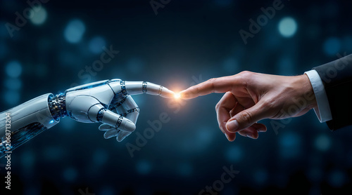 Robot and human hand touching with glowing connection