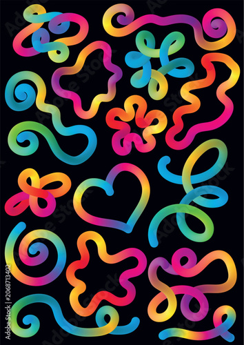set of colorful abstract rainbow shapes isolated on black background, vector organic irregular shape collection, minimalist bright vibrant colorful vector blob set, modern design	