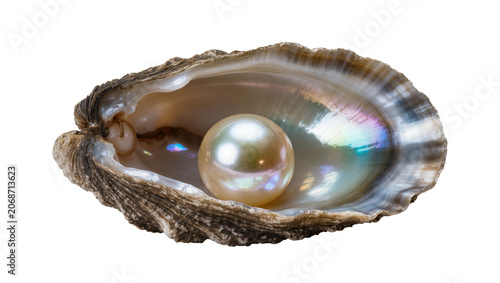 Fotografie Oyster shell with iridescent interior holding a single lustrous pearl