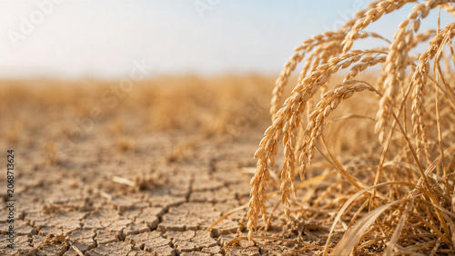 Wheat stalks growing in cracked earth during severe drought. Agricultural field suffering from lack of water and heat. Concept of global warming, climate change and food insecurity.