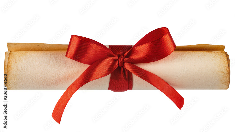 Fototapeta premium Rolled parchment scroll tied with red satin ribbon bow