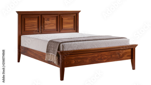 Fotografija Wooden bed frame with upholstered mattress and throw blanket