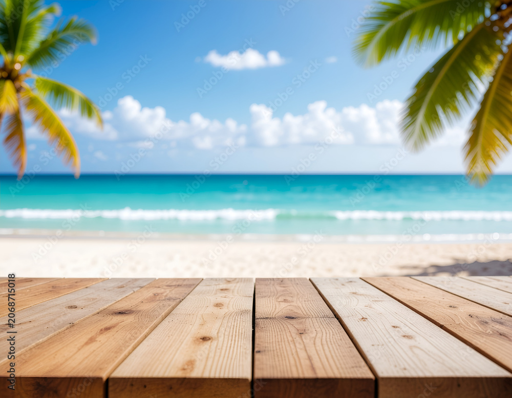 Fototapeta premium A serene tropical beach scene with turquoise water and a wooden deck, framed by lush palm leaves, evokes a sense of relaxation and paradise.