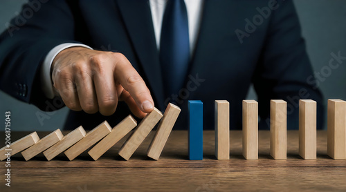 Businessman stopping domino effect with blue block