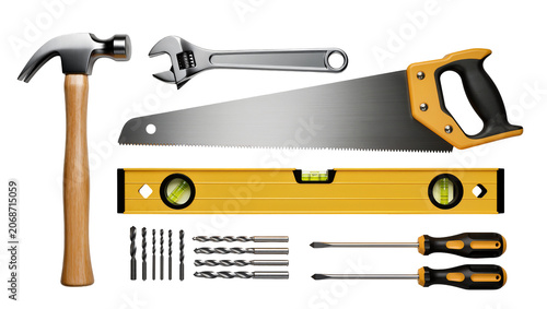 Fotografía Hammer adjustable wrench handsaw level drill bits, screwdrivers