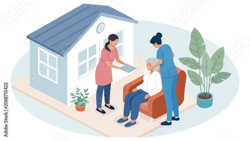 Isometric palliative care scene featuring two compassionate healthcare professionals providing attentive support and medical assistance to an elderly patient
