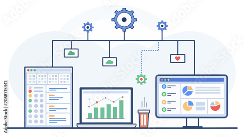 Modern business process management software platform illustration showing integrated workflow automation and data analytics tools on computer screens