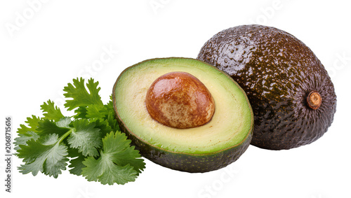 Photos Whole and halved avocado with fresh cilantro leaves