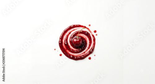 Distant shot of a cherry with stem on a thick textured red coulis smear