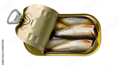 Foto Opened tin can with sardines in oil
